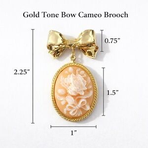 Gold Tone Bow Cameo Dangle Brooch Pin Floral Cameo